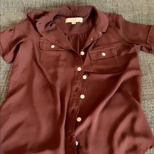 Loft burgundy button down short sleeve collard blouse